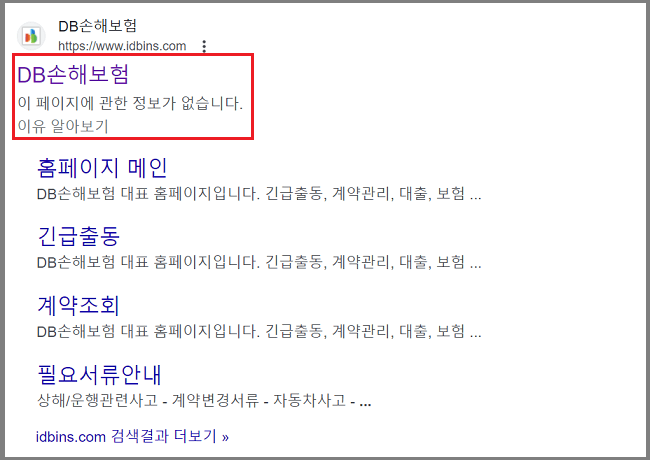 원하는 보험회사의 공식 홈페이지를 찾는 화면